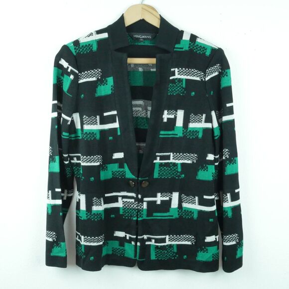 Ming Wang Women XS Knit Jacket Career Blazer Black Green Geometric Print Artsy - Picture 1 of 9